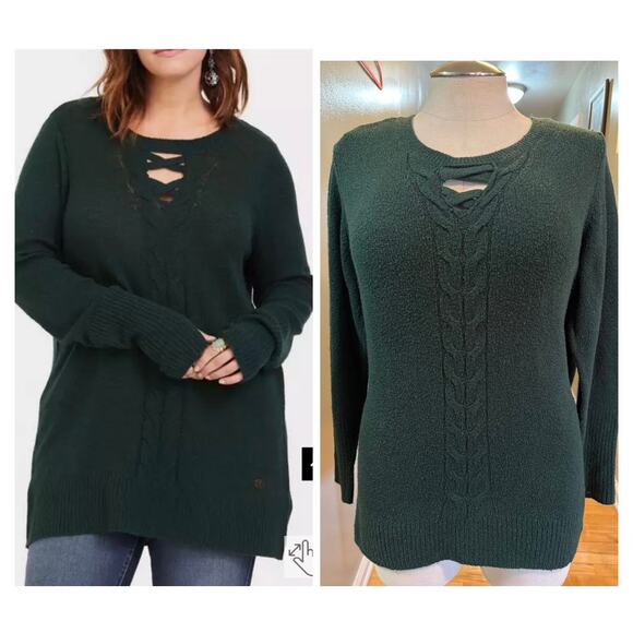 Torrid 2 (2X 18/20) Outlander Green Celtic Cable Knit Long Tunic Sweater Top - Picture 1 of 5